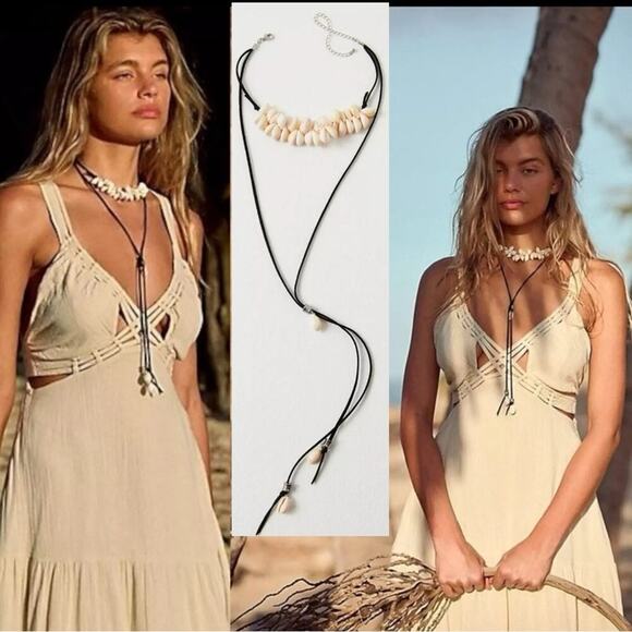 Free People Katie Leather Shell Choker NWT Layered Necklace Beach Bohemian Surf - Picture 1 of 16